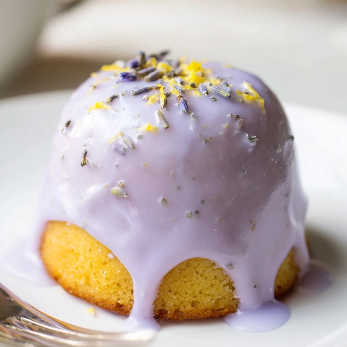 Golden mini lemon cakes with lavender glaze drizzled over tender crumb tops