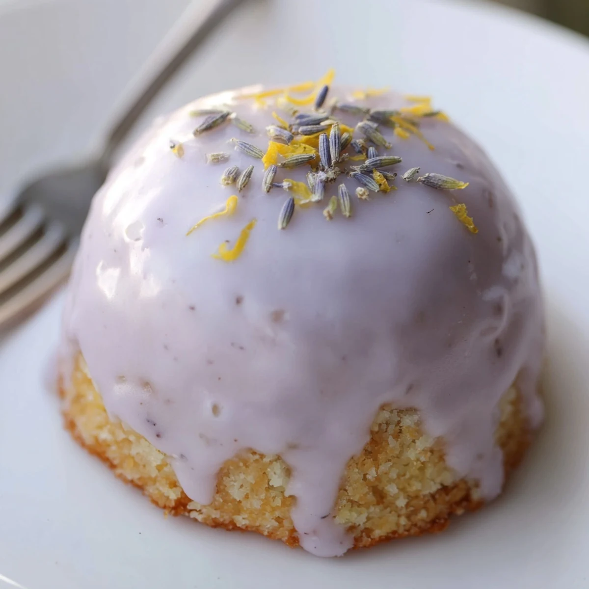 Mini lemon cakes with lavender glaze arranged on a dainty afternoon tea platter