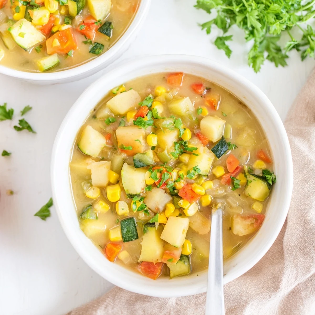 Steaming bowl of hearty potato corn zucchini soup garnished with fresh parsley