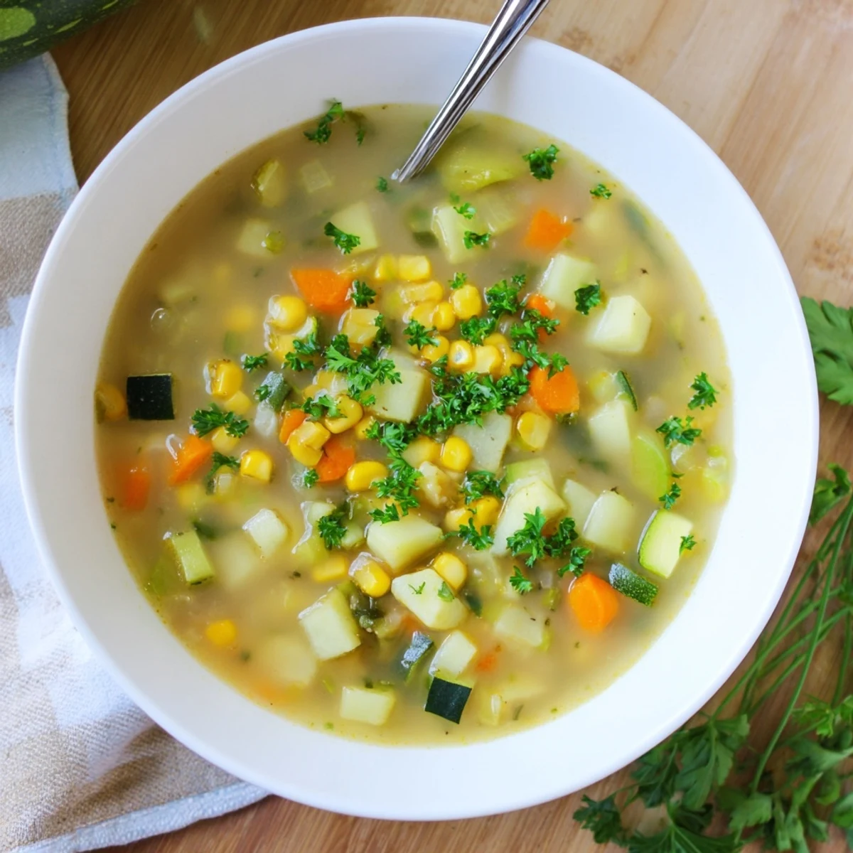 Thick hearty potato corn zucchini soup with tender diced vegetables and corn kernels