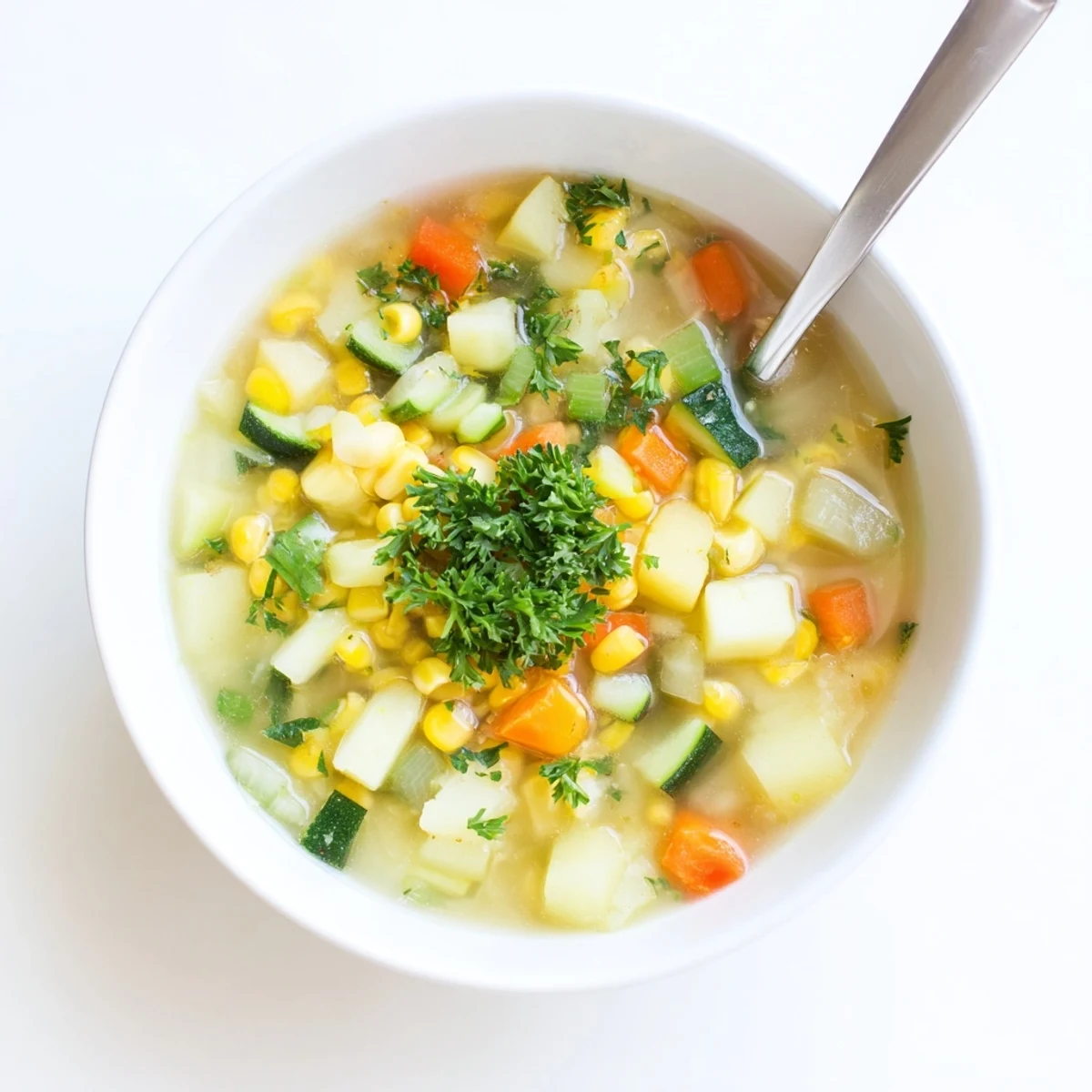 Golden hearty potato corn zucchini soup ladled into a rustic bowl served hot