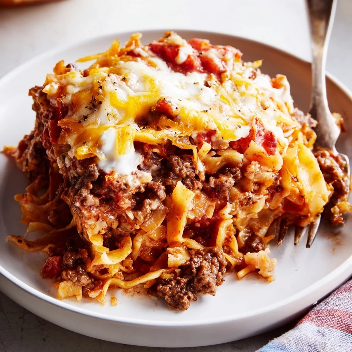 Oven-bubbled Beef Lombardi Casserole with golden cheddar crust, steaming and savory