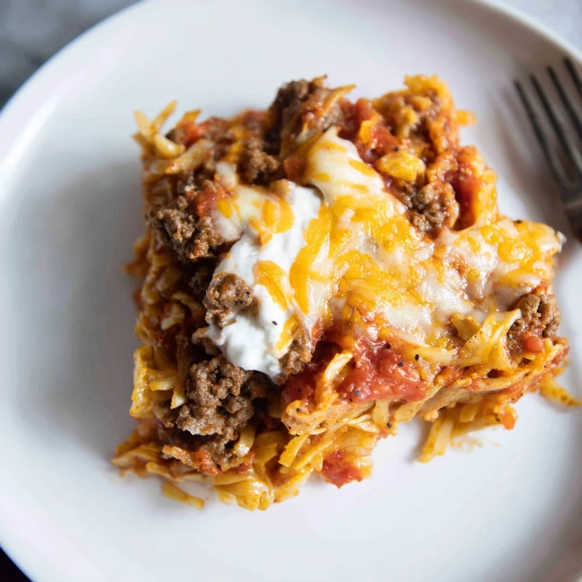 Creamy Beef Lombardi Casserole layered with sour cream, noodles, and seasoned beef