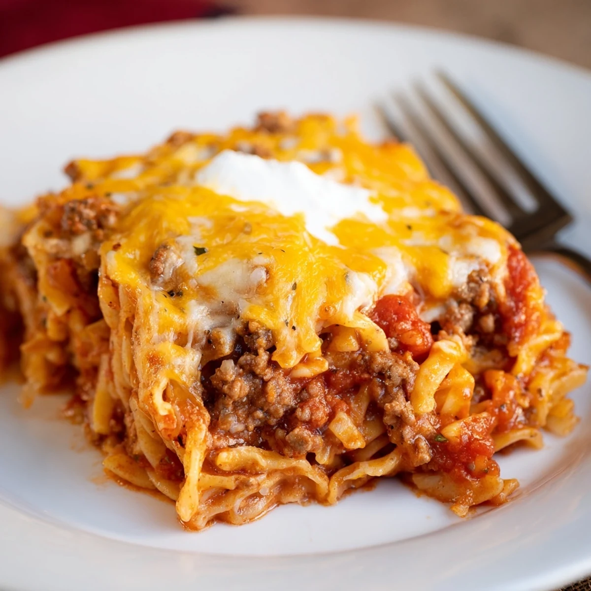 Family-style Beef Lombardi Casserole resting ten minutes, served with salad and crusty bread