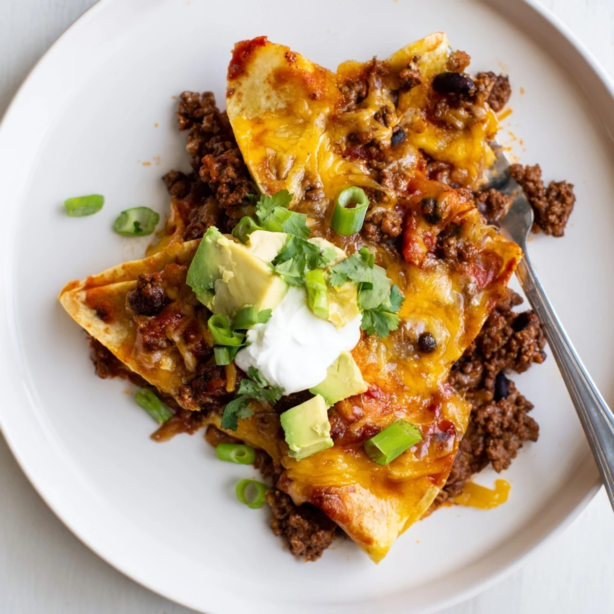 One pan Beef Skillet Enchiladas releasing spicy aroma with browned beef and corn tortillas
