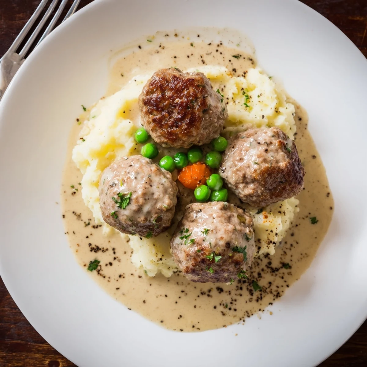 Homemade Ikea Meatballs glistening in creamy gravy over steaming mashed potatoes.
