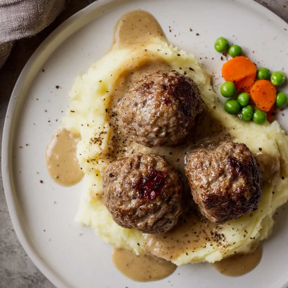 Skillet of Homemade Ikea Meatballs browned crisp, simmering in savory cream sauce.