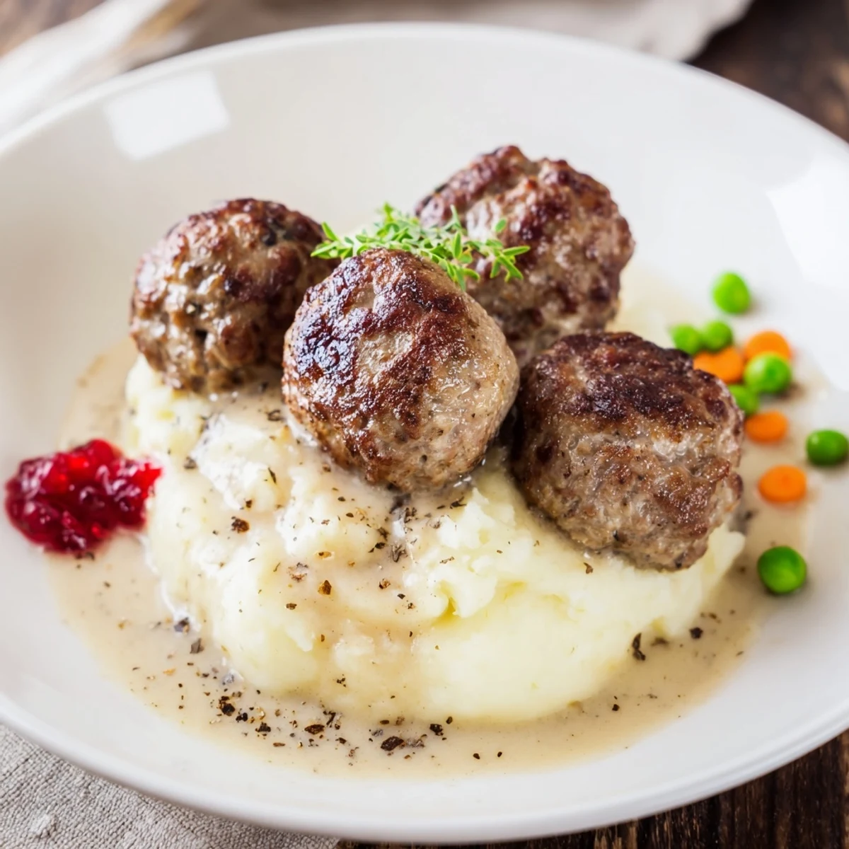 Hearty Homemade Ikea Meatballs dotted with allspice, served with lingonberry jam.
