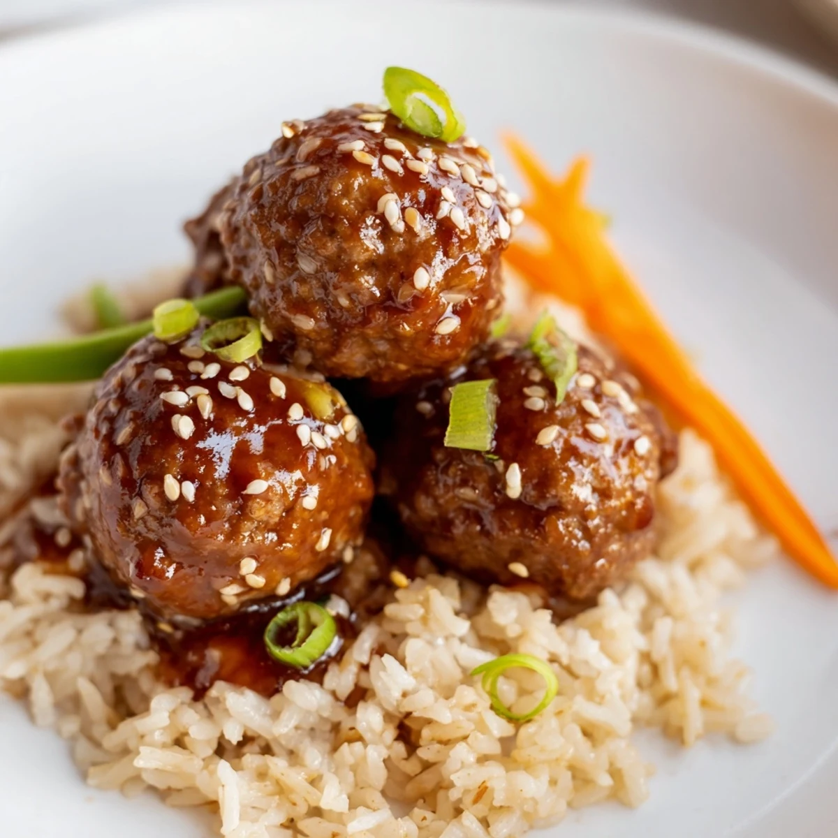 Hello Fresh Firecracker Meatballs glazed in sticky chili honey sauce over jasmine rice