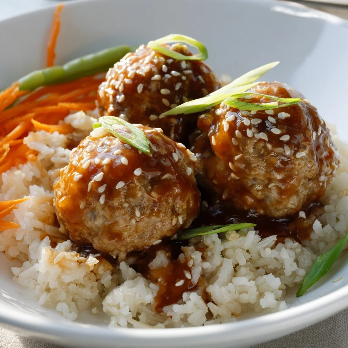 Family style bowl of Hello Fresh Firecracker Meatballs beside crisp sauteed vegetables
