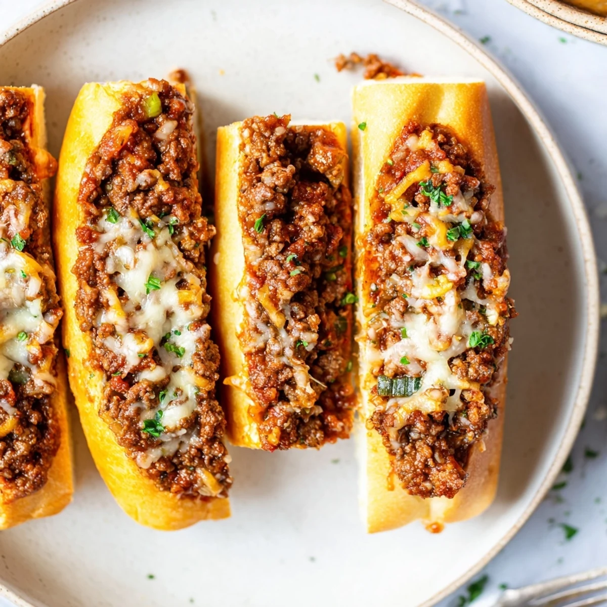 Garlic Bread Sloppy Joes piled hot, gooey cheese, buttery toasted bread.