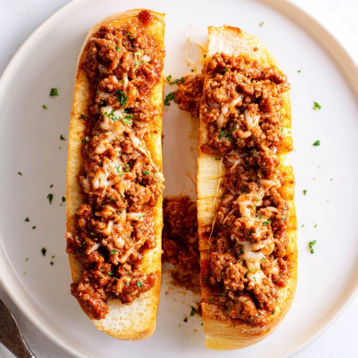 Crispy garlic-toasted loaf sliced and filled with Garlic Bread Sloppy Joes.