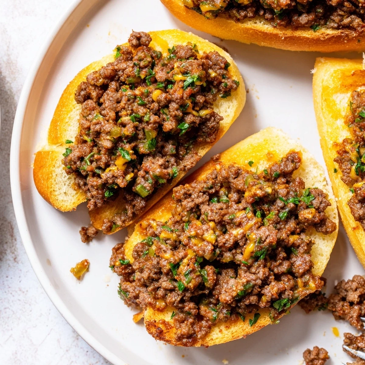 Family-style Garlic Bread Sloppy Joes served with melty mozzarella and crisp coleslaw.