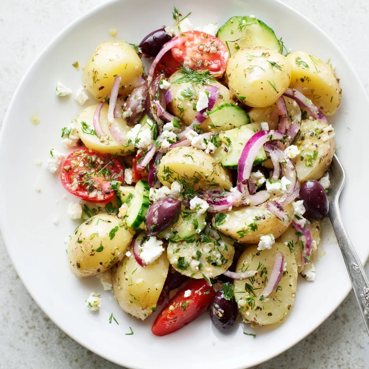 Bright Olive Greek Potato Salad served chilled at picnics with feta crumbles