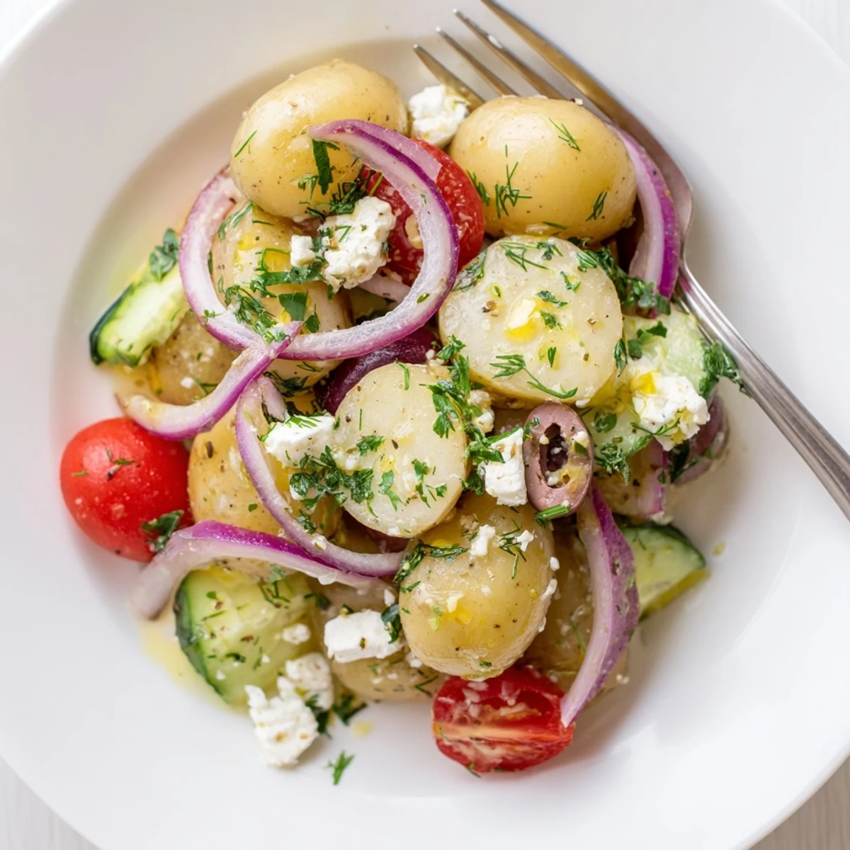 Olive Greek Potato Salad with creamy potatoes, briny Kalamata olives, lemony dressing