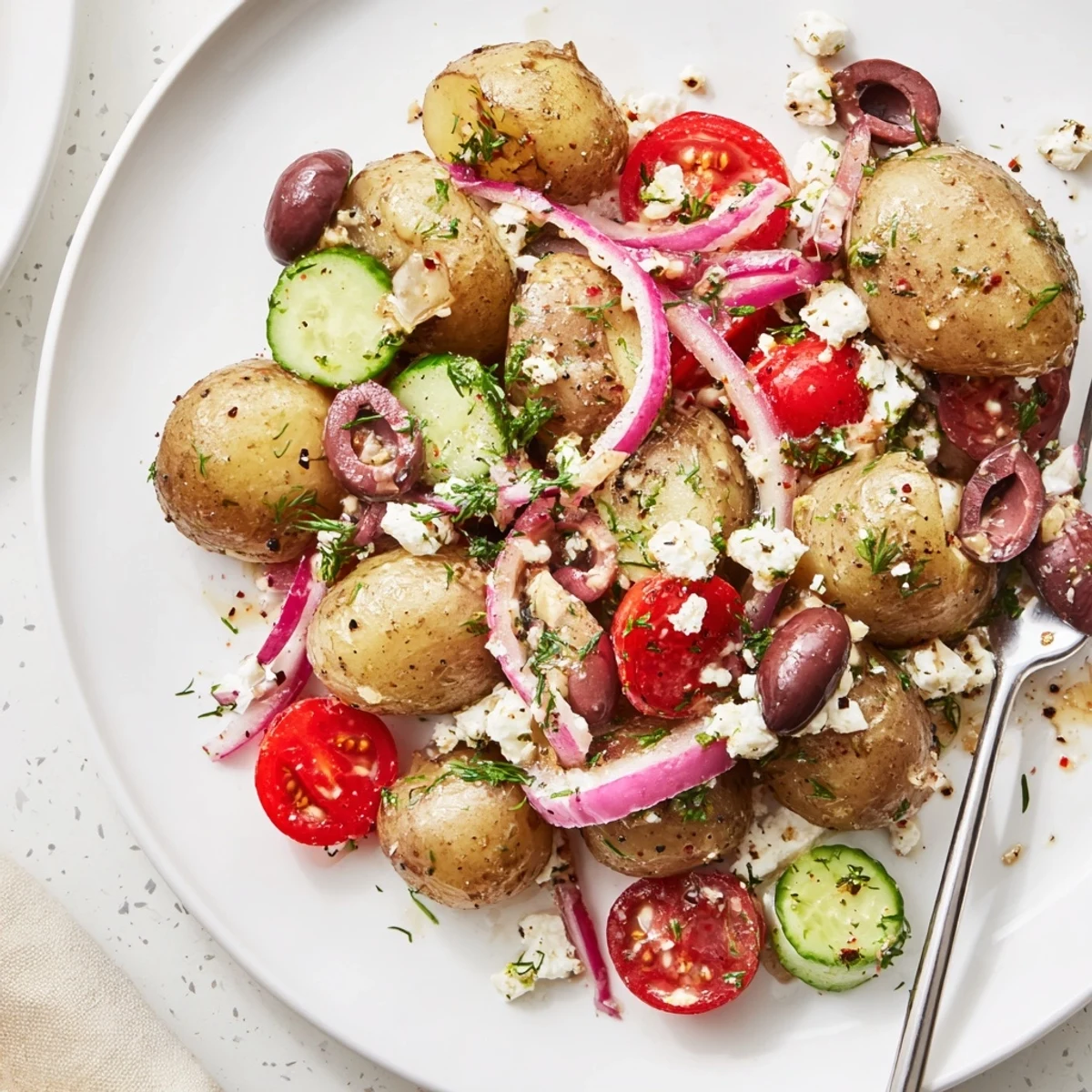 Rustic Olive Greek Potato Salad tossed in olive oil, herbs, and garlic