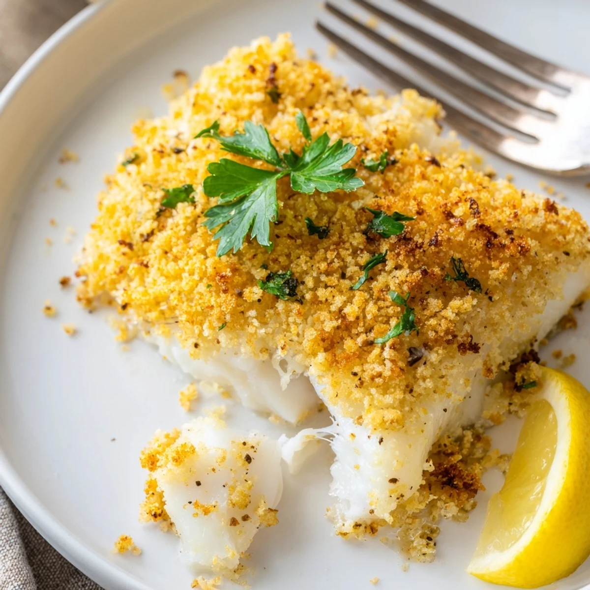 Golden breadcrumb-topped Boston Baked Cod, flaky fillets with lemon wedges