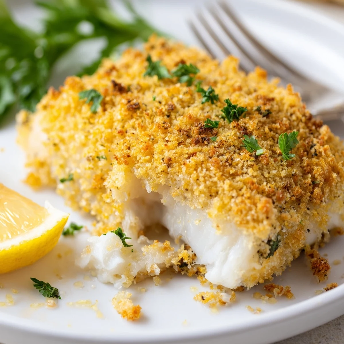 Comforting Boston Baked Cod on a plate beside roasted potatoes and green beans
