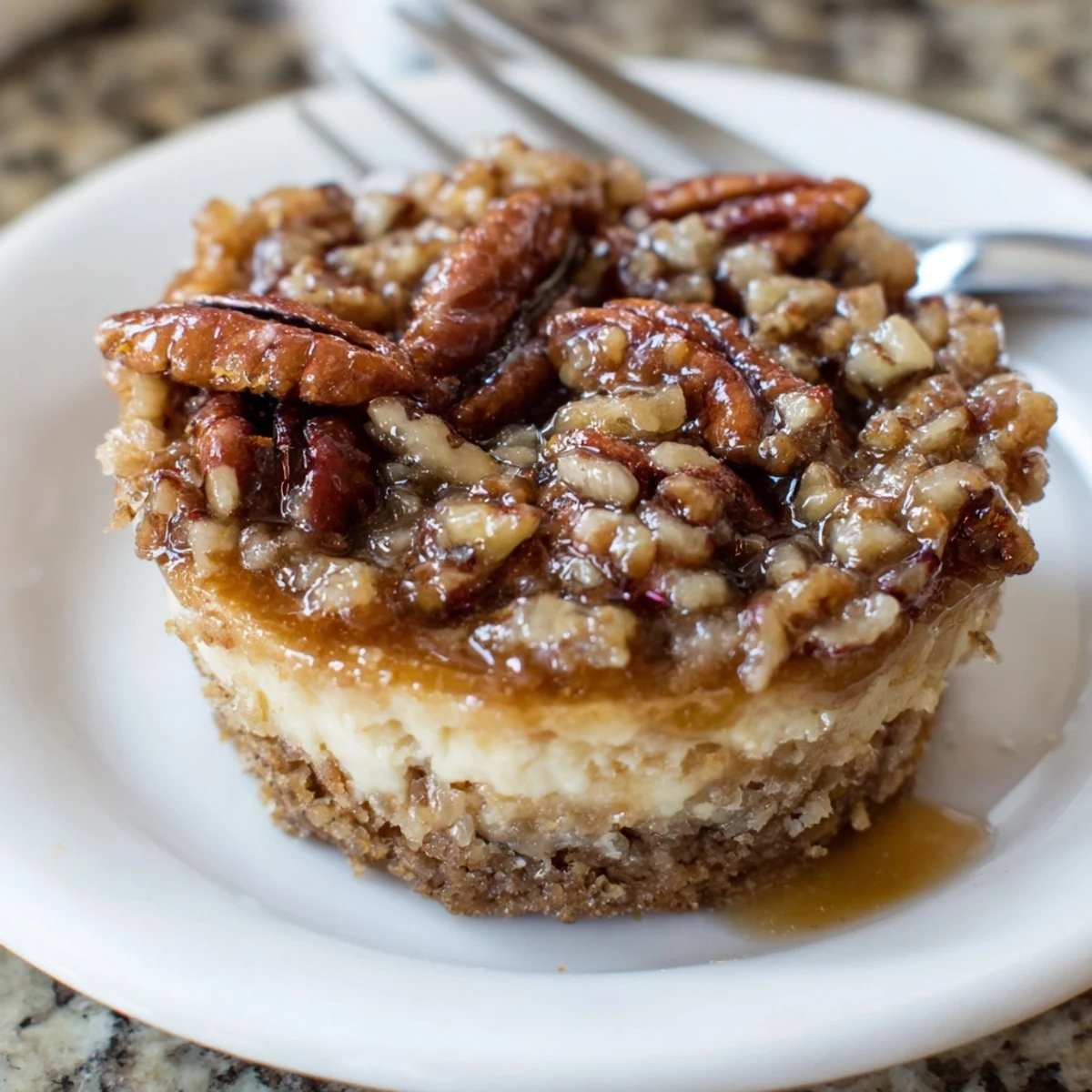 Warm caramel-drizzled Mini Pecan Pie Cheesecakes cooling on a wire rack