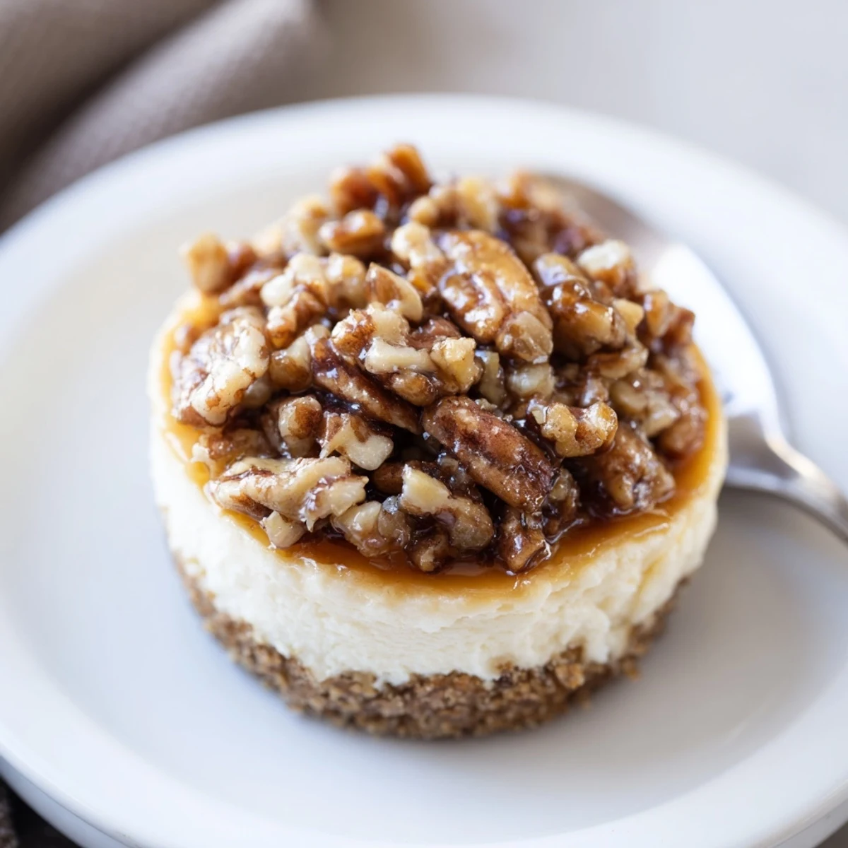 Mini Pecan Pie Cheesecakes with glossy pecan topping and buttery graham crust