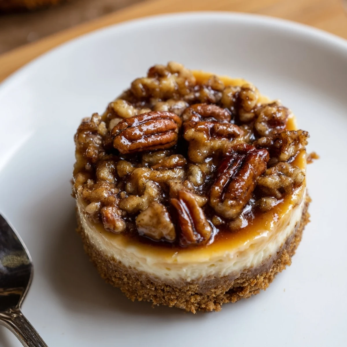 A dozen Mini Pecan Pie Cheesecakes arranged on a festive platter with whipped cream