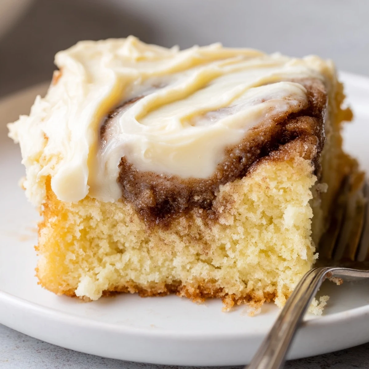 Slice of Cinnamon Roll Poke Cake with gooey filling and pecan crunch