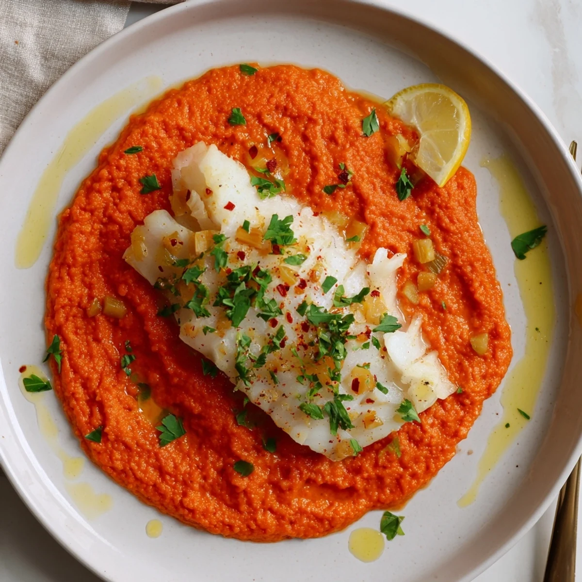 Nestled Cod In Roasted Red Pepper Sauce, silky sauce spooned over flaky fish.