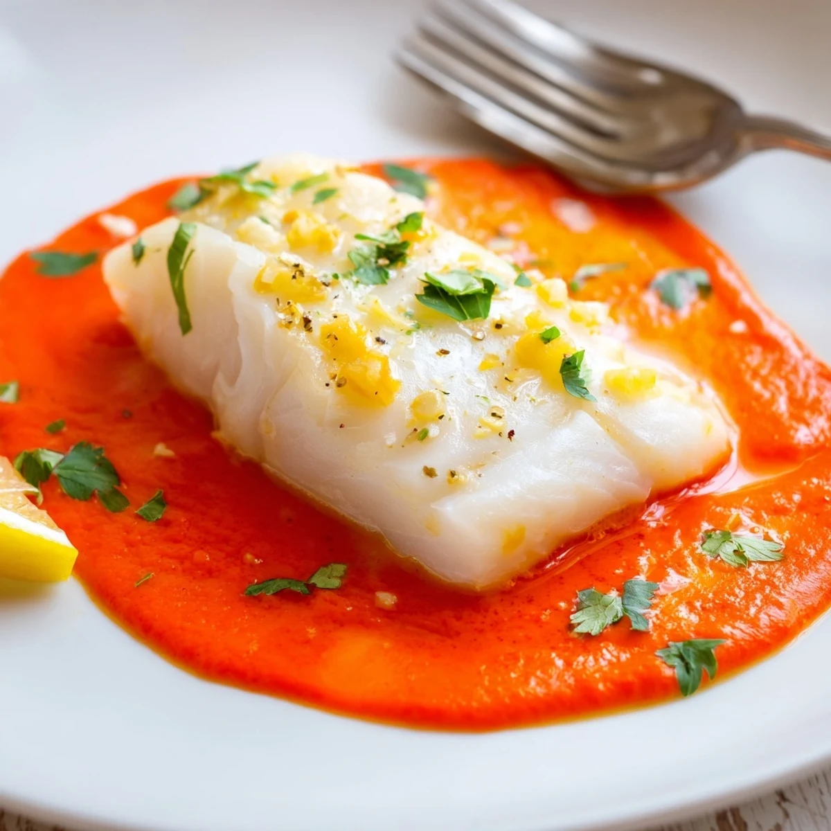 Cod In Roasted Red Pepper Sauce served over rice, lemon wedge, and parsley.
