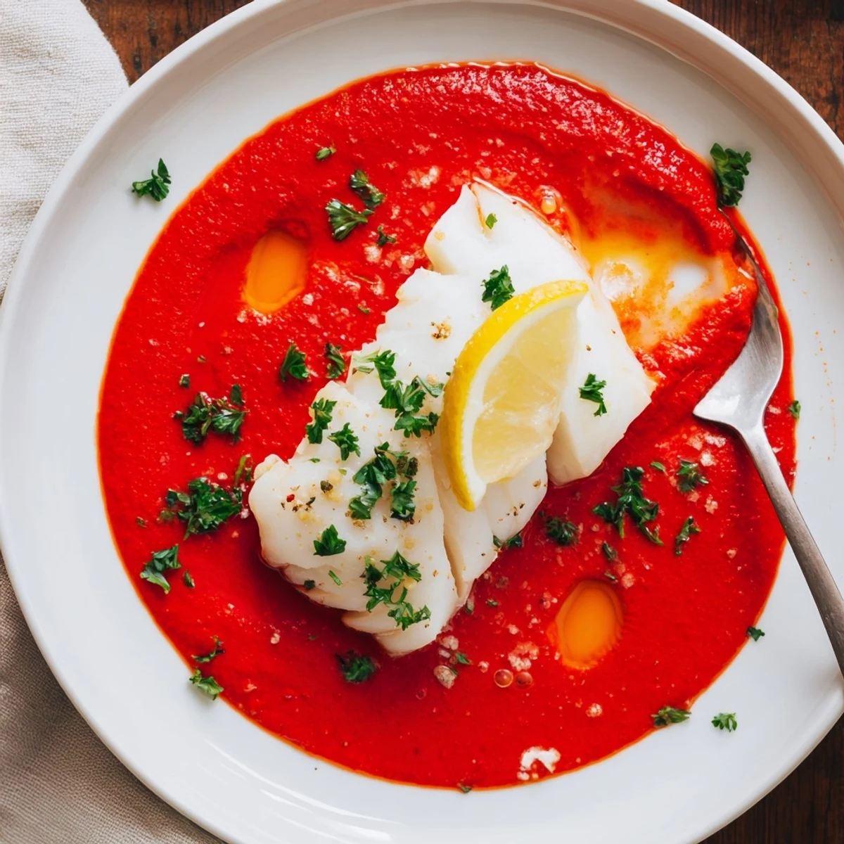 Warm bowl showcasing Cod In Roasted Red Pepper Sauce, lemon and parsley garnish.