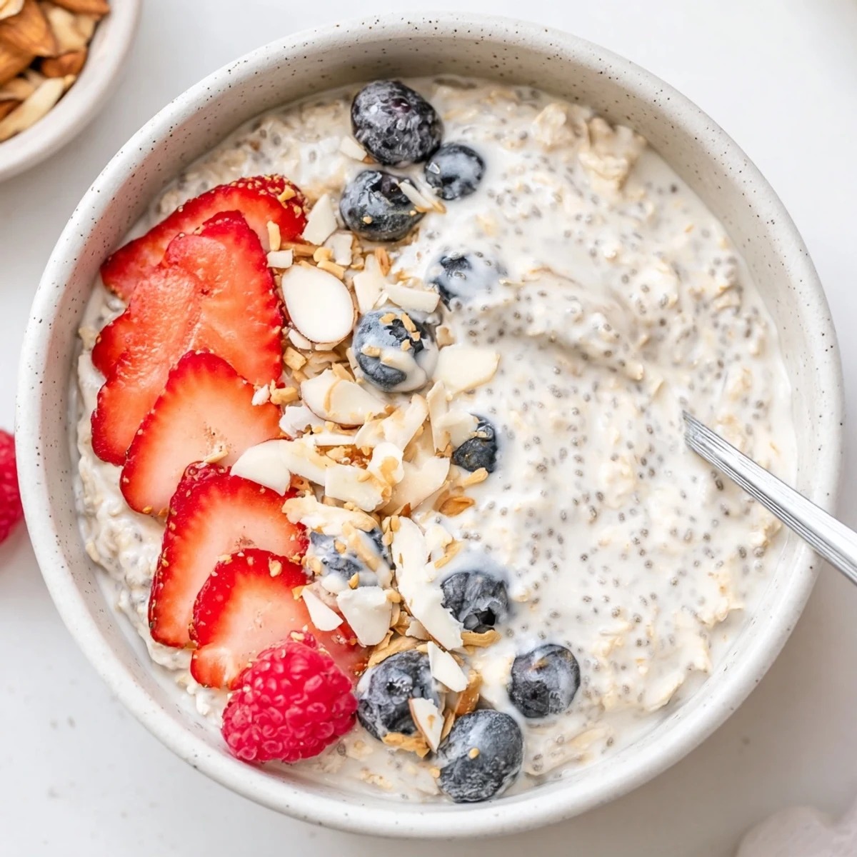 Creamy Healthy Coconut Cream Overnight Oats topped with toasted coconut.  