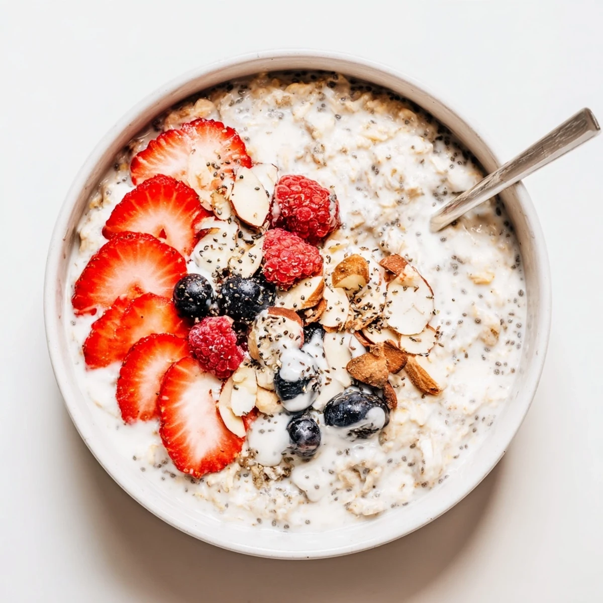 Bright Healthy Coconut Cream Overnight Oats garnished with fresh berries and chopped nuts.