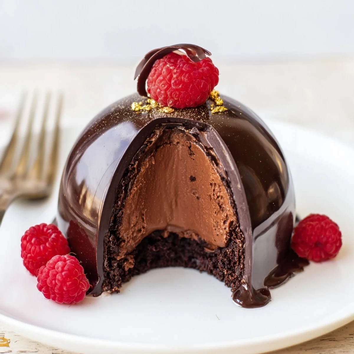 Elegant Chocolate Mascarpone Dome Dessert With Glossy Shells glistening, rich mousse inside