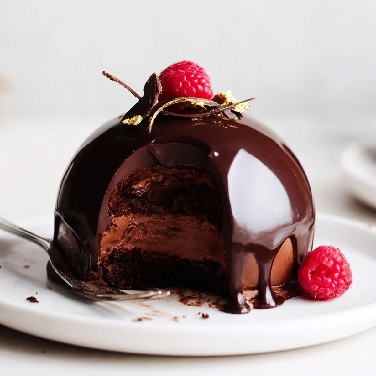Served with gold leaf and espresso, Elegant Chocolate Mascarpone Dome Dessert With Glossy Shells
