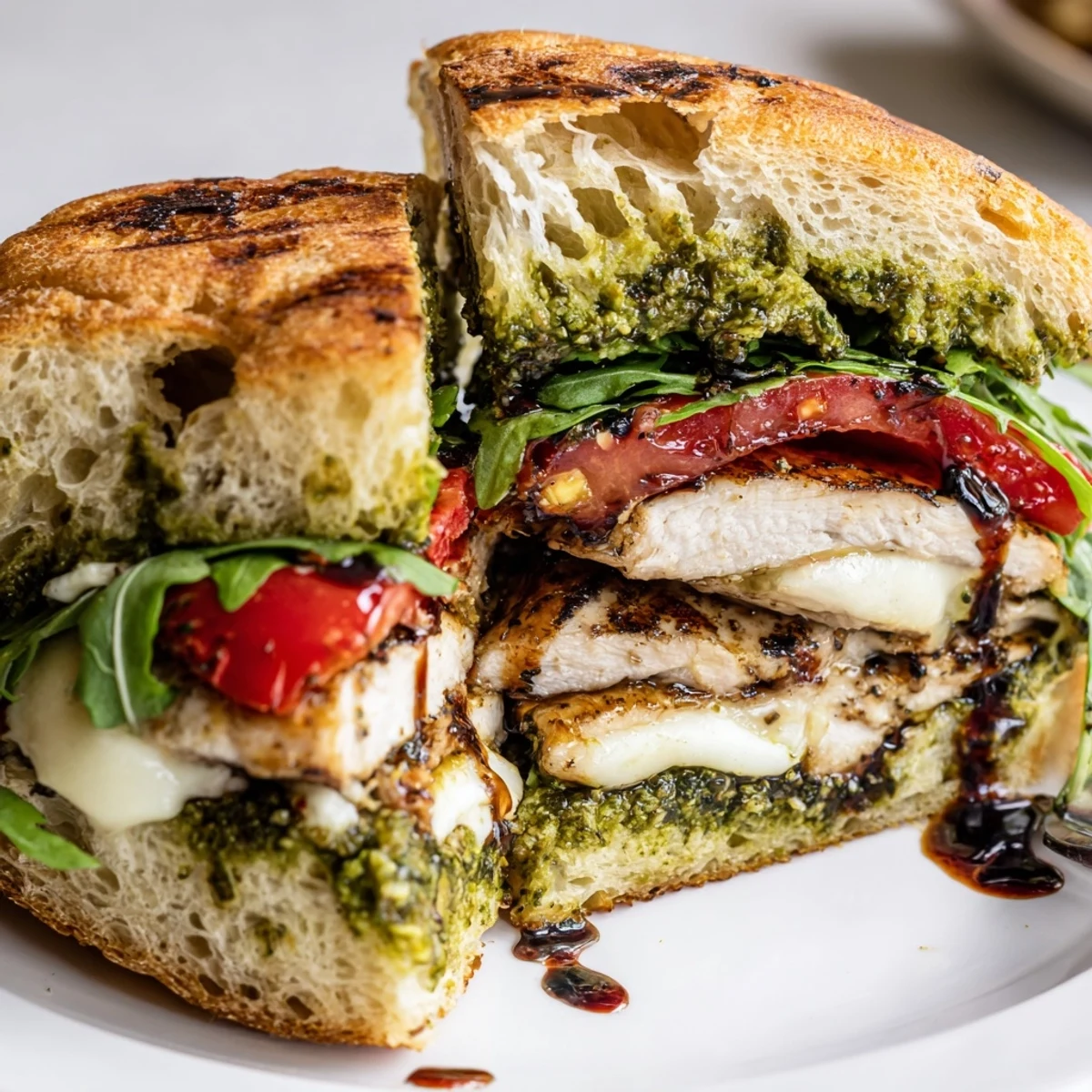 Grilled Chicken Pesto Sandwich steaming on toasted ciabatta, melted mozzarella and arugula