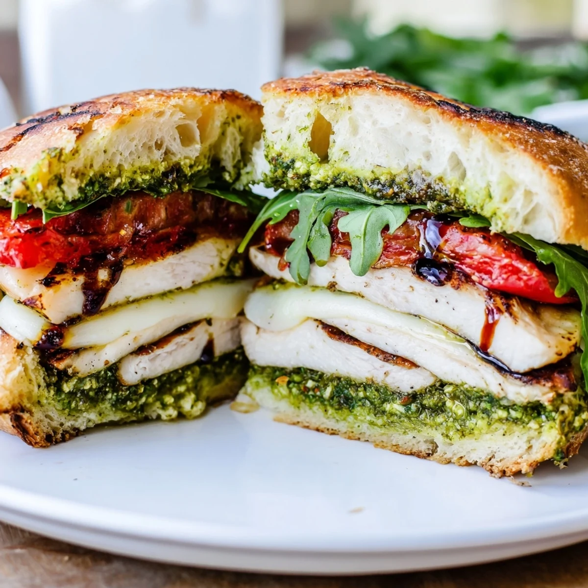 Picnic-ready Grilled Chicken Pesto Sandwich stacked with juicy tomato slices and peppery arugula