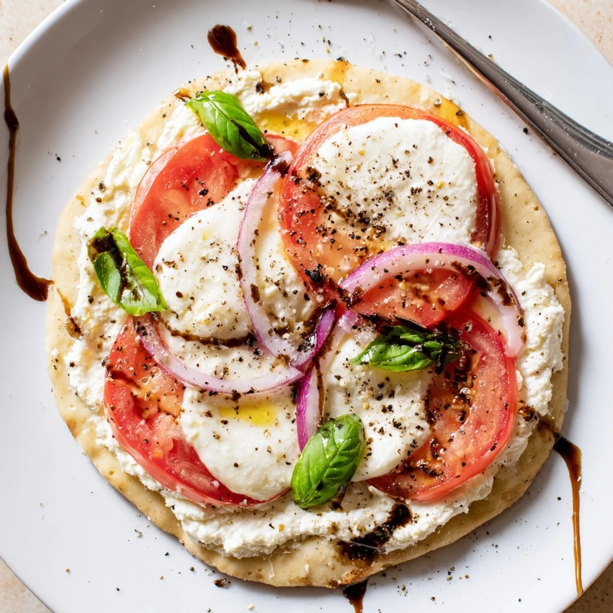 Warm Caprese Pita Pizza With Whipped Garlic Feta topped with basil and balsamic
