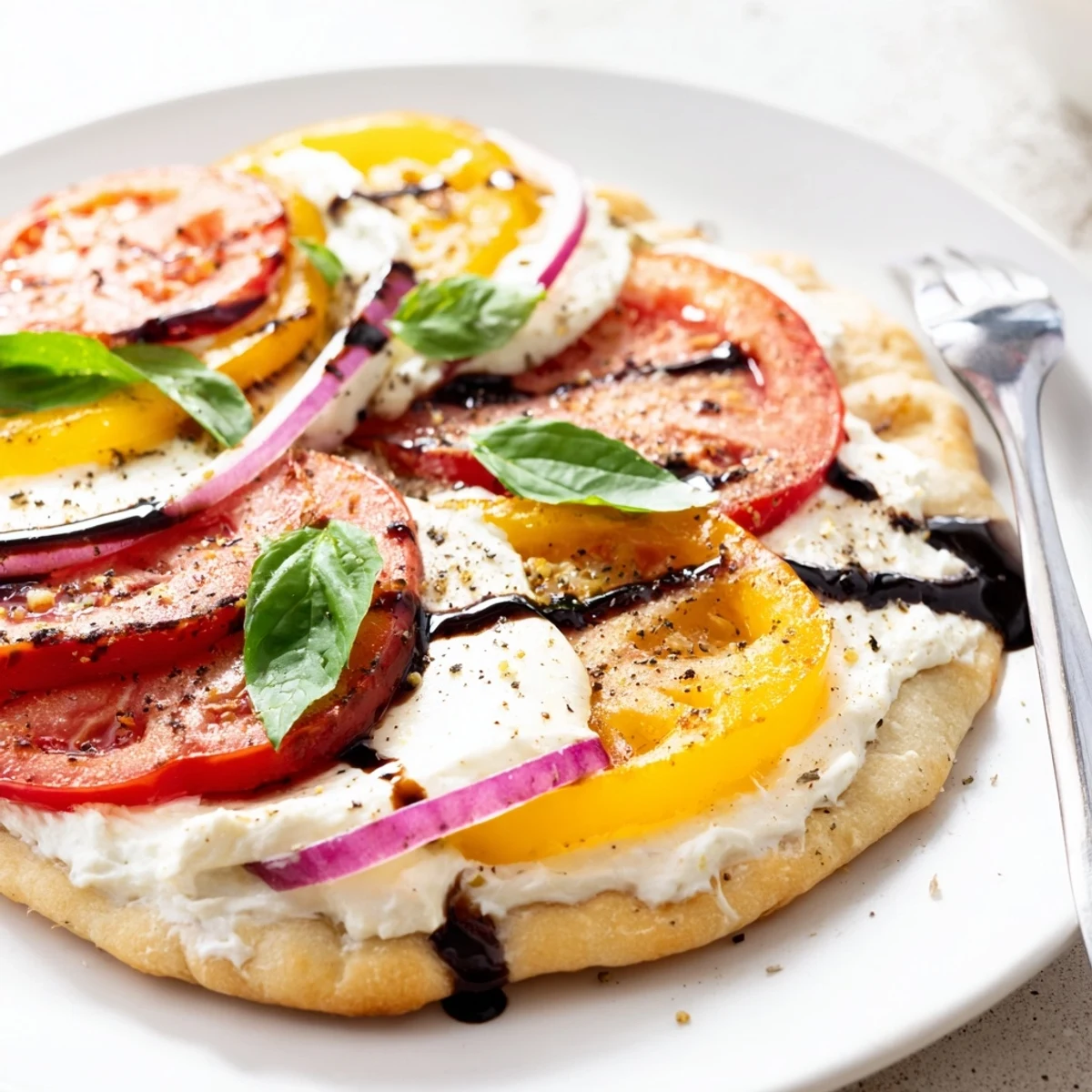 Basil aroma and creamy garlic spread on Caprese Pita Pizza With Whipped Garlic Feta