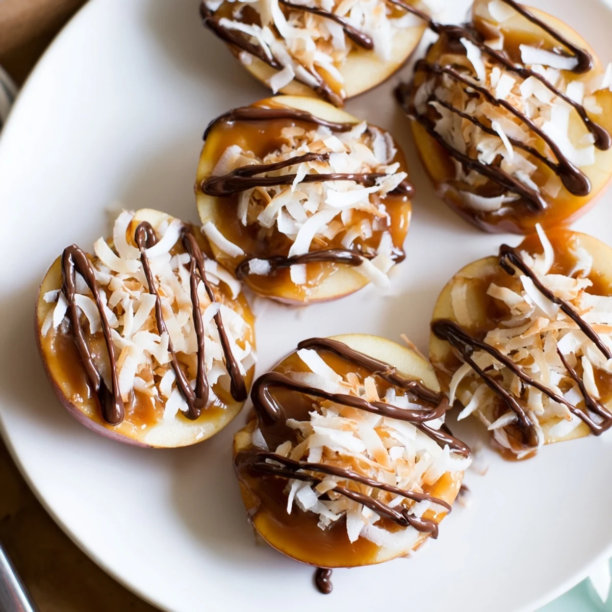 Samoa Apple Slices arranged on parchment, caramel pooling, toasted coconut flakes visible
