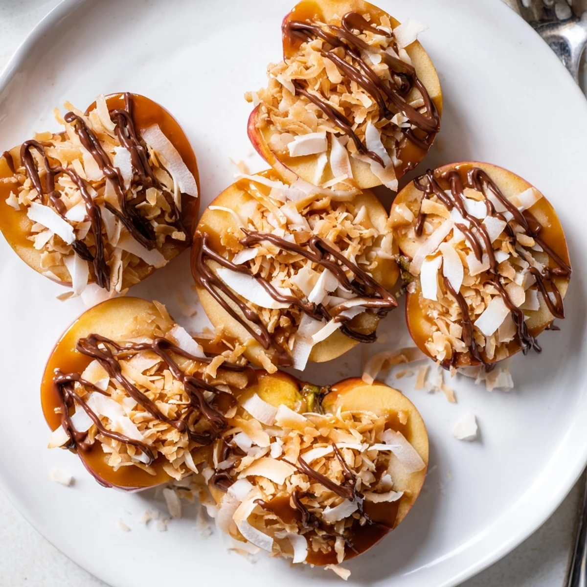 Party platter of Samoa Apple Slices topped with golden coconut and chopped pecans