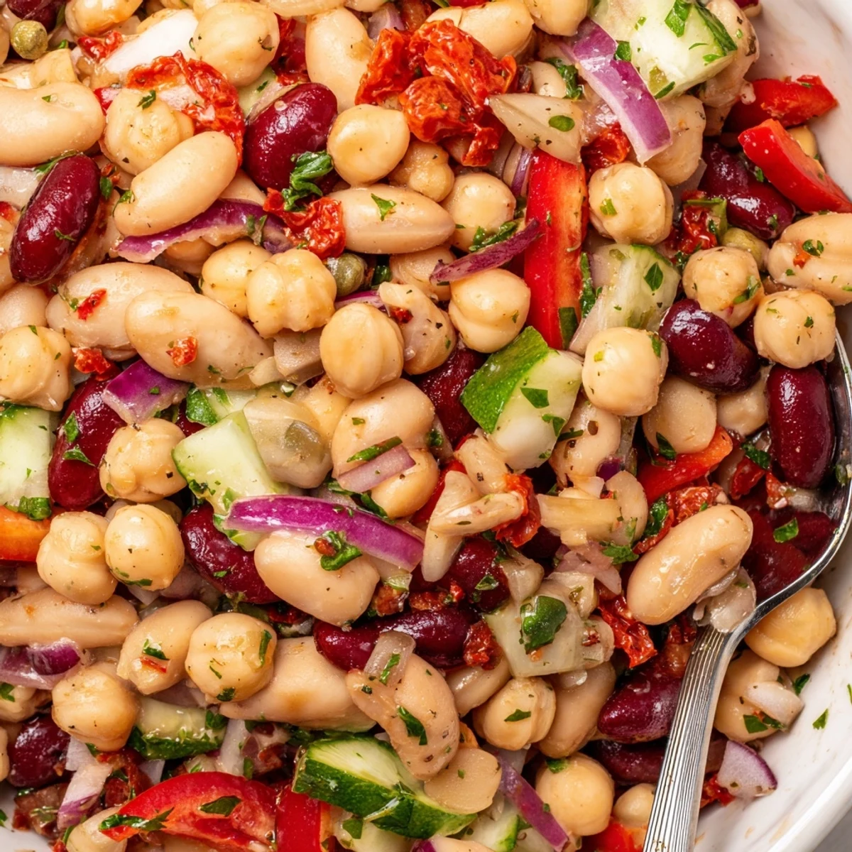 Hearty Dense Bean Salad With Sun Dried Tomatoes served chilled with crusty bread