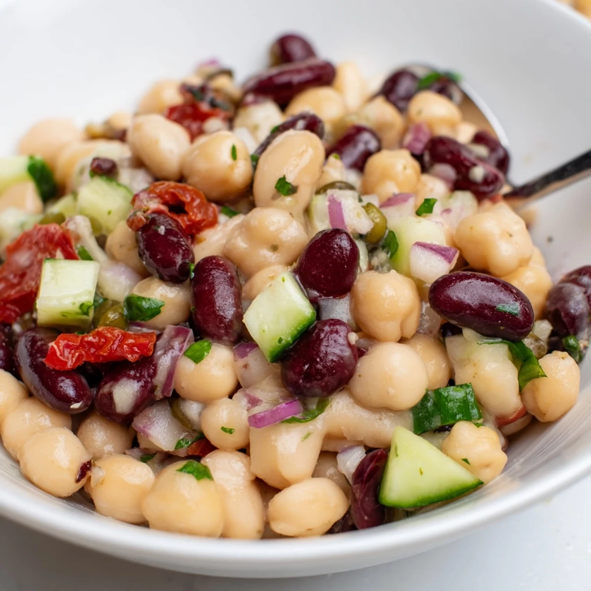 Bright, tangy Dense Bean Salad With Sun Dried Tomatoes, beans glistening, ready to serve