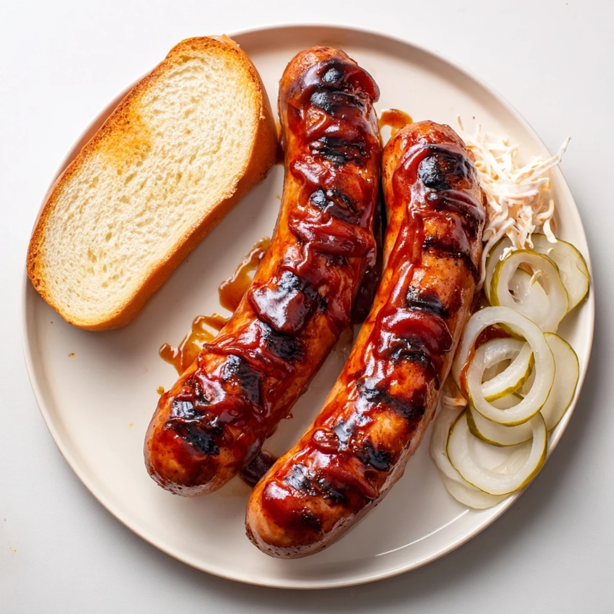 BBQ Sausage Recipe with sticky caramelized glaze, smoky grill marks, steaming