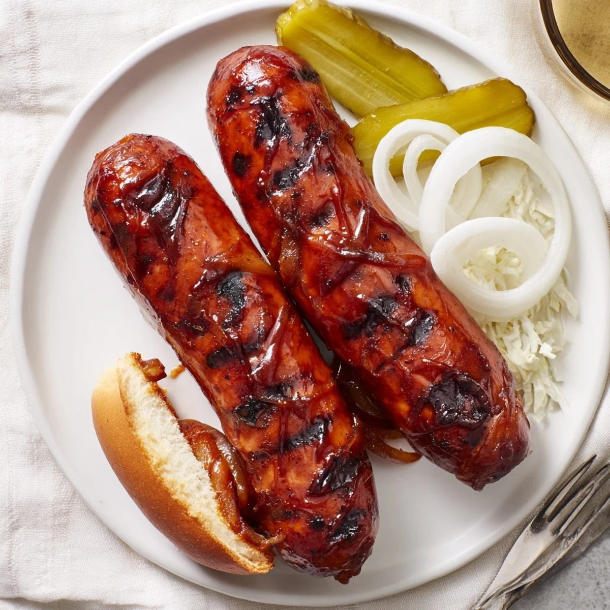 Grilled, juicy BBQ Sausage Recipe served in buns with tangy coleslaw
