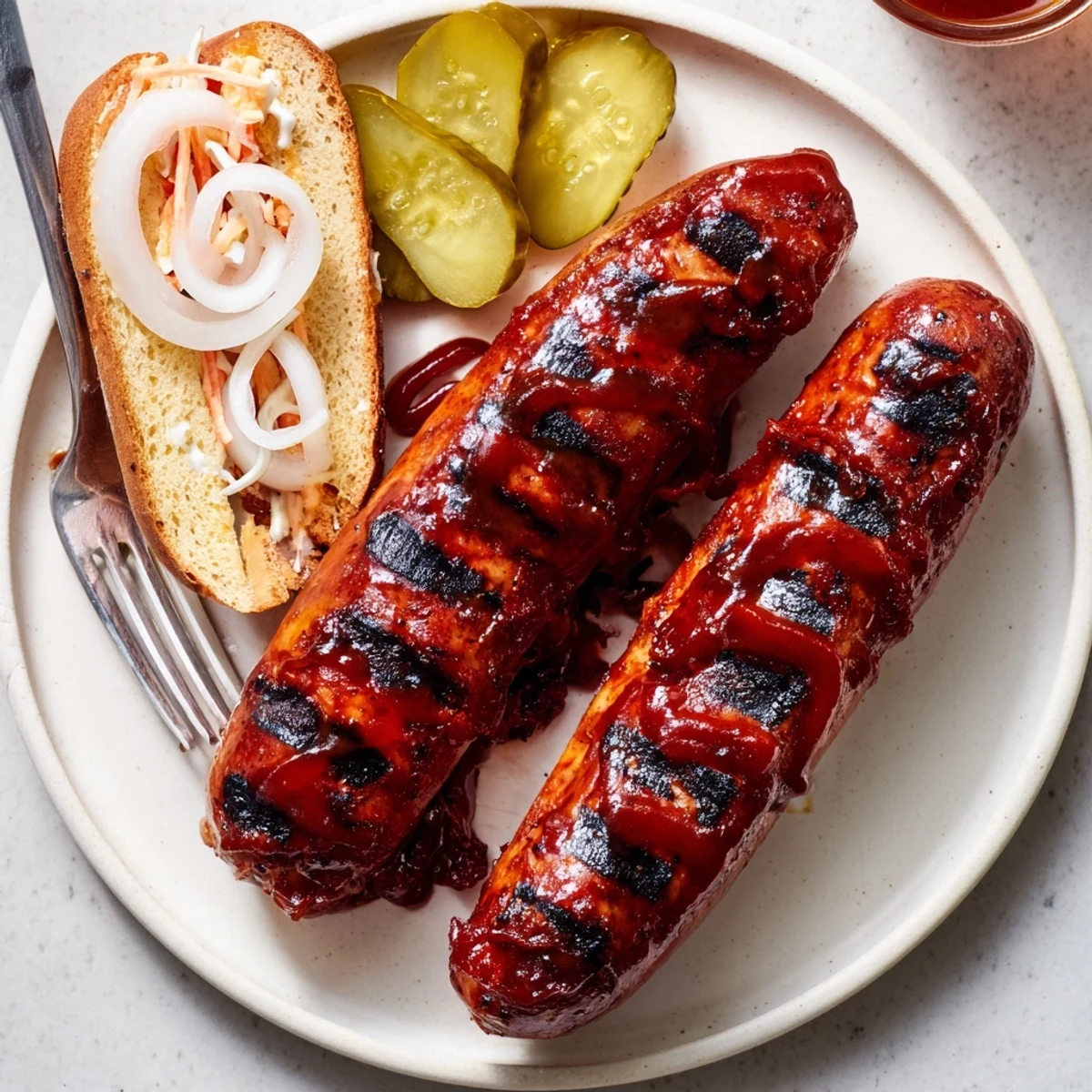 Backyard platter of BBQ Sausage Recipe brushed with molasses glaze, charred