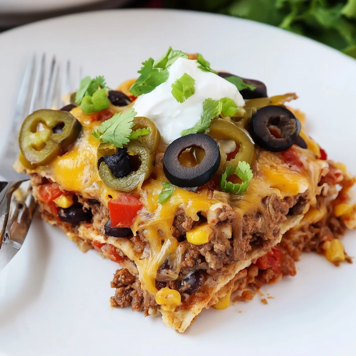 Cheesy Nacho Casserole bubbling golden with melted cheese, cilantro, jalapeño garnish
