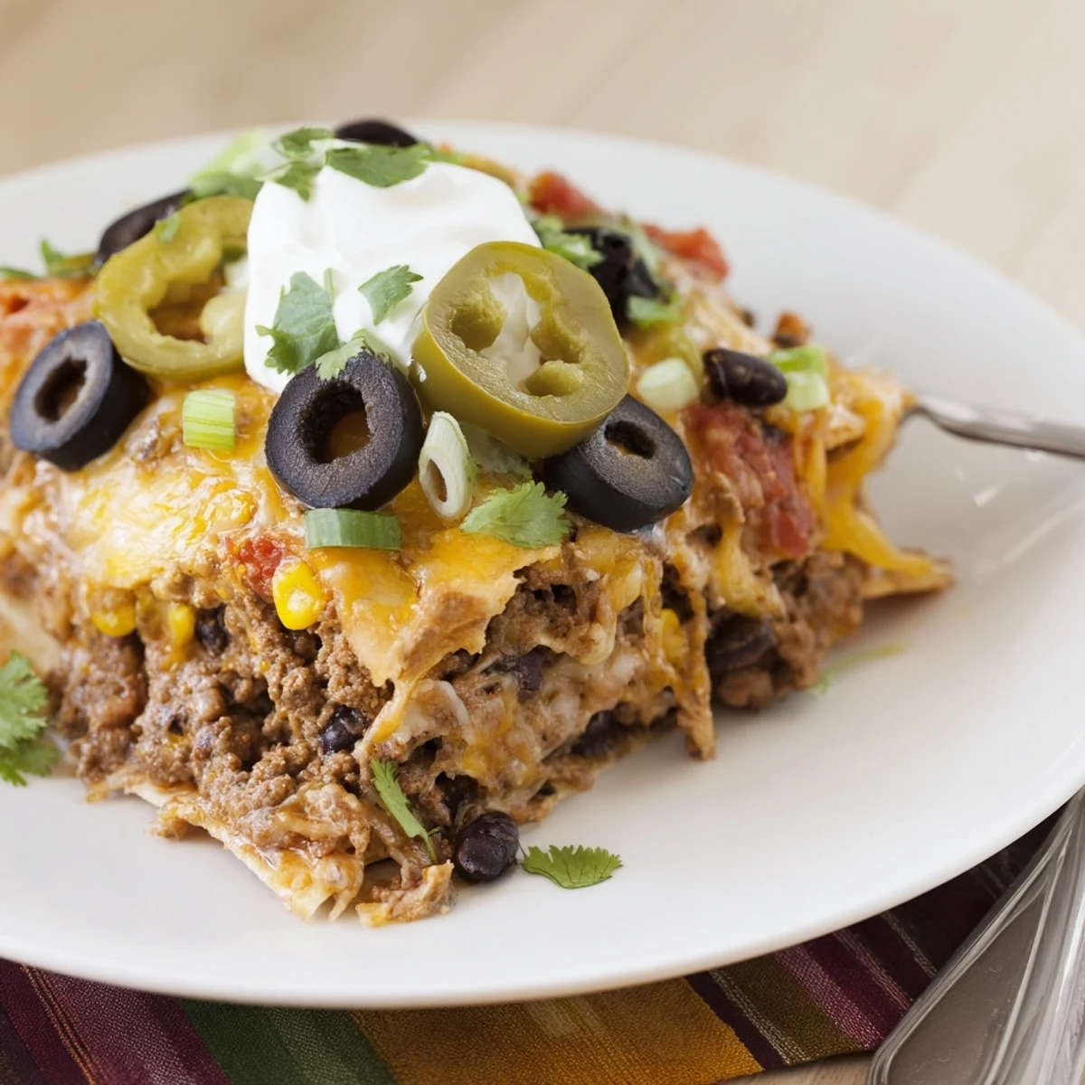 Warm Cheesy Nacho Casserole layered with seasoned beef, crunchy chips, tangy salsa