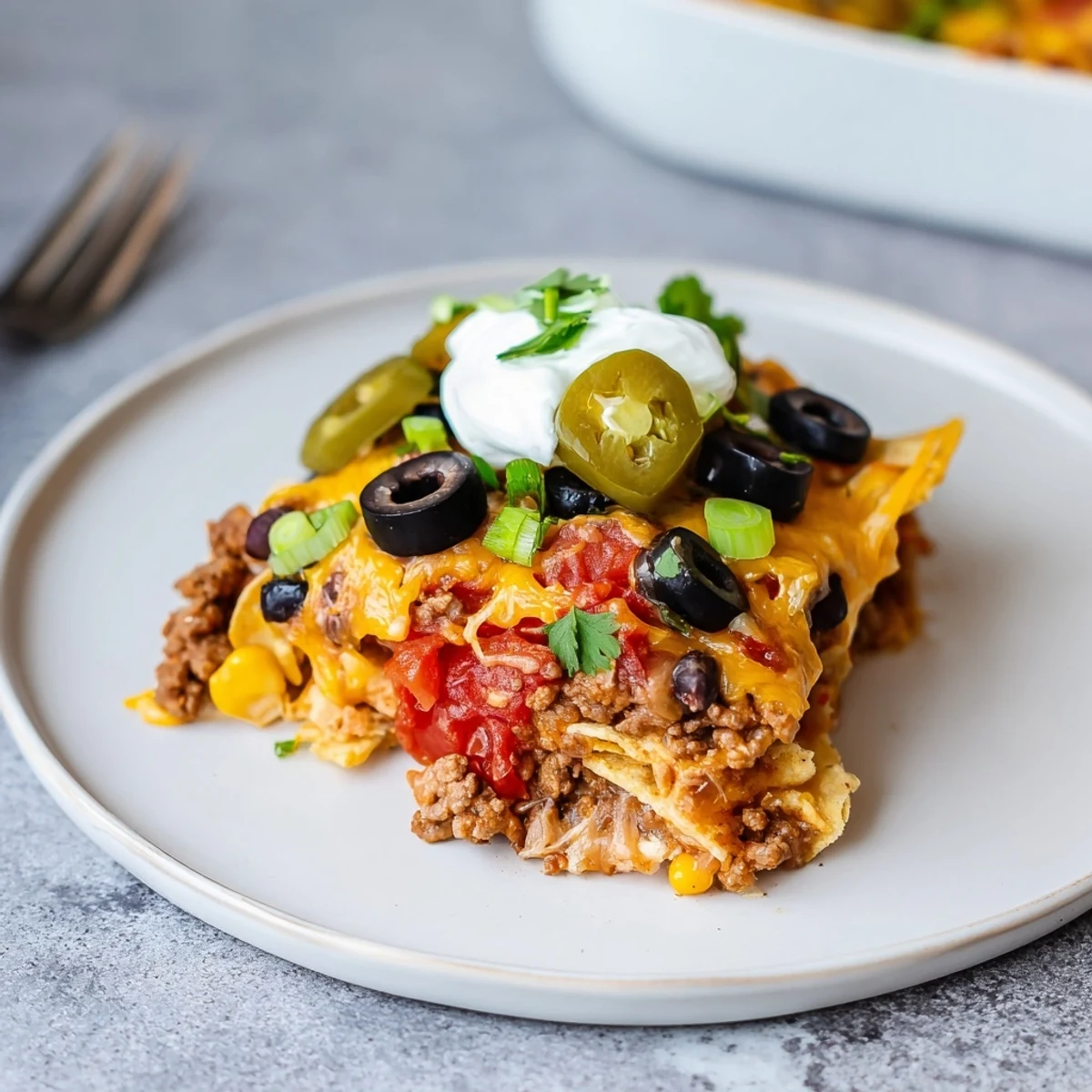 Family-style Cheesy Nacho Casserole served hot with sour cream, green onions