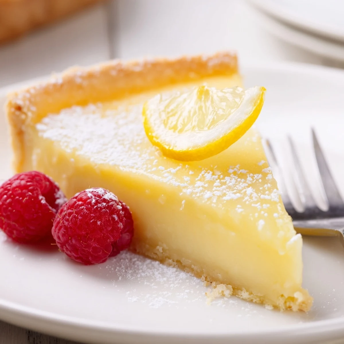 Creamy Lemon Tart with silky filling and crisp buttery crust, dusted with powdered sugar