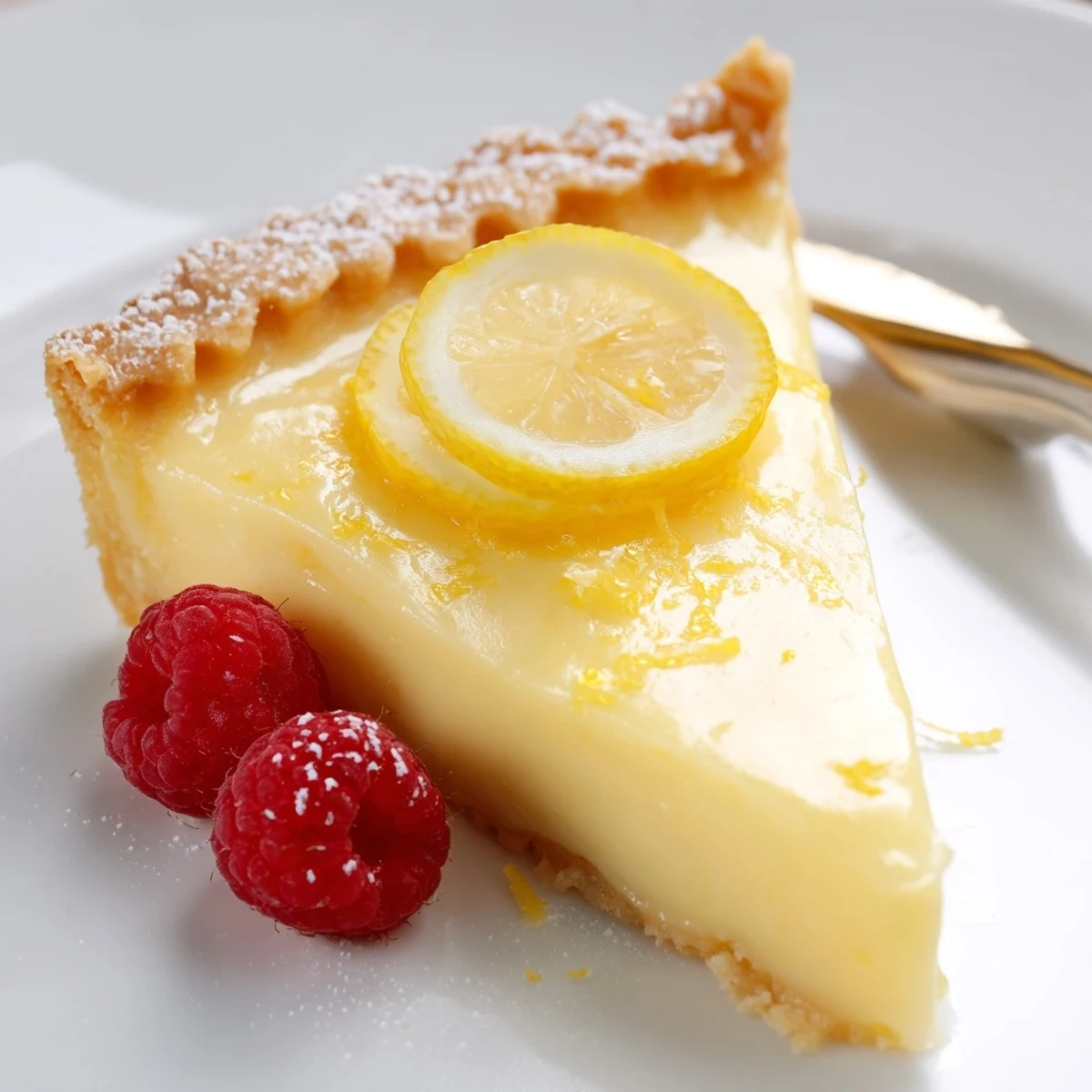 A slice of Creamy Lemon Tart revealing tangy, silky custard and golden crust