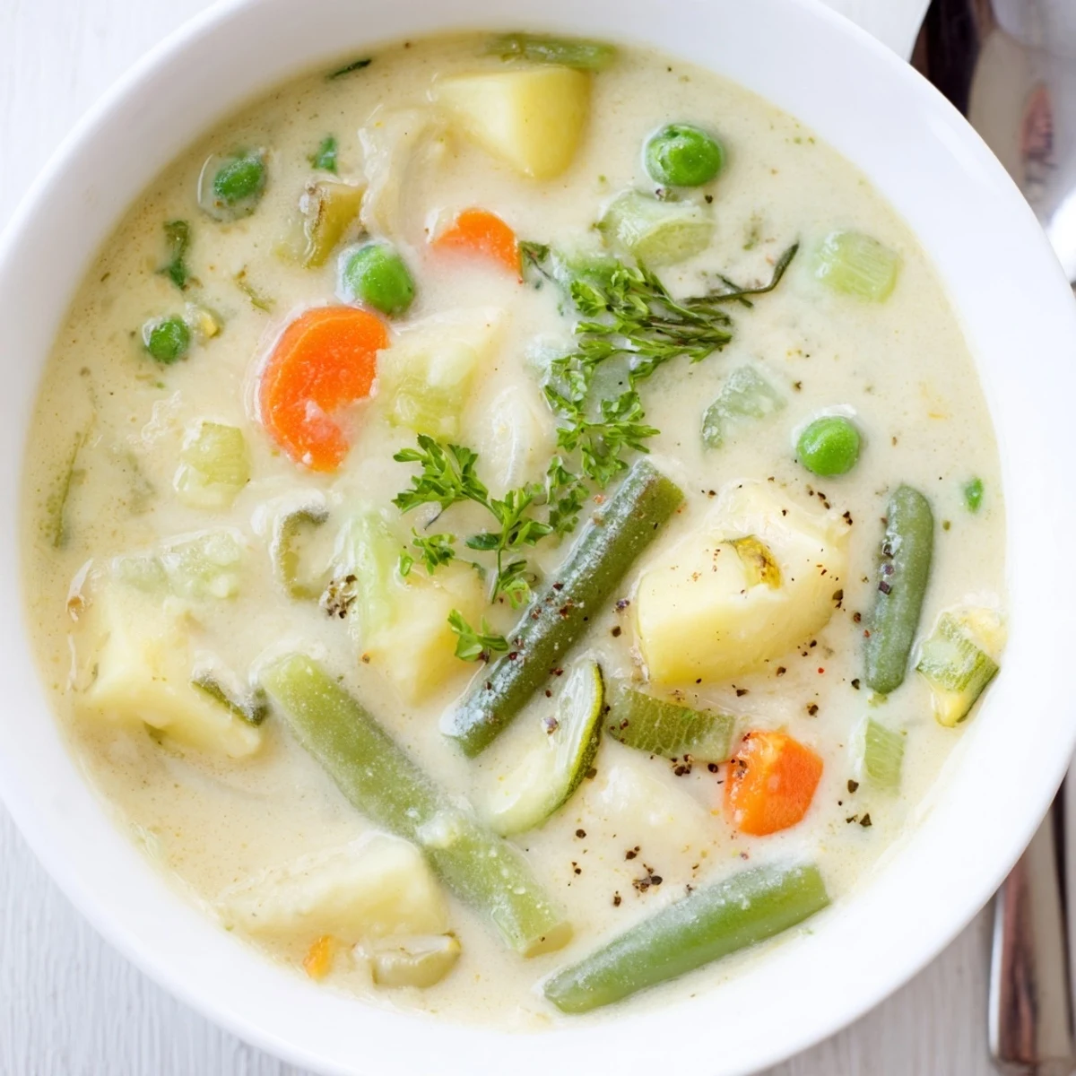 Bowl of Creamy Vegetable Soup Recipe, thick texture, served with crusty bread
